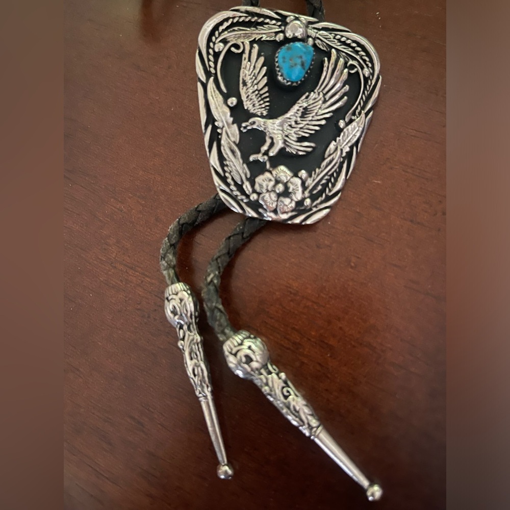 Silver and Turquoise Bolo Tie with Eagle Design - Picture 4 of 6